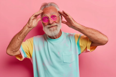 A man in a colorful shirt with a pink pocket is wearing sunglasses and looking at the camera. The image has a playful and lighthearted mood, as the man's outfit and accessories suggest a funの素材