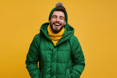 A man wearing a green jacket and a yellow scarf is smiling and laughingの素材