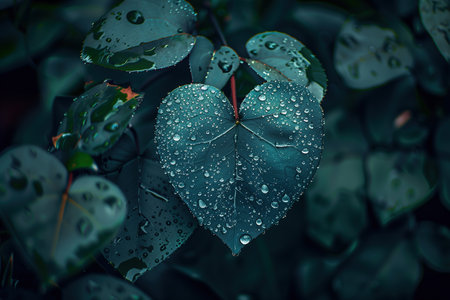 A leaf with raindrops on it is shown in a blurry, wet, and dark green backgroundの素材