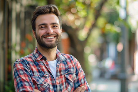 A man with a plaid shirt and beard is smiling and posing for a picture. He is standing on a sidewalk with a tree behind himの素材