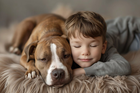 A boy is sleeping on a bed with a dogの素材