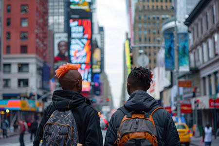 Two young men walking down a city street, one with a red Mohawk. The city is bustling with activity, with cars and pedestrians all aroundの素材
