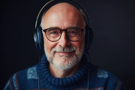 A man wearing glasses and headphones is smiling. He is wearing a blue sweater and a blue hatの素材