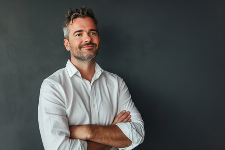 A man in a white shirt is standing with his arms crossed and looking at the camera. He is confident and self-assuredの素材
