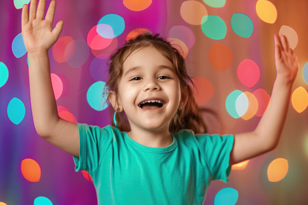 A young girl is smiling and waving at the camera. She is wearing a green shirt and has her hair in a ponytail. The image has a bright and cheerful mood, with the girl's smileの素材