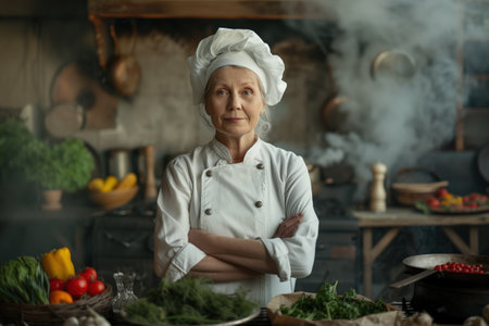 A woman chef is standing in a kitchen with a white hat on. She is wearing a white apron and has her arms crossed. The kitchen is filled with various cooking utensils and ingredientsの素材