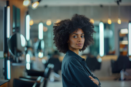 A woman with curly hair stands in front of a salon with her arms crossed. She looks confident and poisedの素材