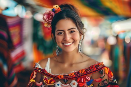 A woman wearing a colorful dress and a flower in her hair is smiling. She is wearing earrings and a necklaceの素材