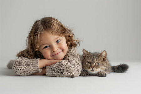 A young girl is laying on her stomach with a cat on her lap. Concept of warmth and companionship between the girl and the catの素材