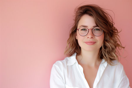 A woman with glasses is smiling at the camera. She is wearing a white shirt and has a pink backgroundの素材
