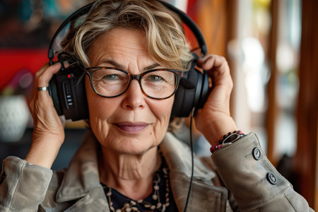 A woman wearing glasses and headphones is listening to music. She is smiling and she is enjoying herselfの素材