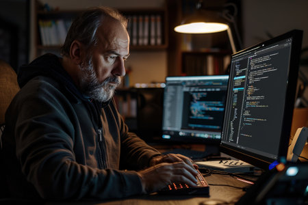 A man is sitting at a desk with two computer monitors in front of him. He is typing on a keyboard and he is focused on his work. Concept of productivity and concentrationの素材
