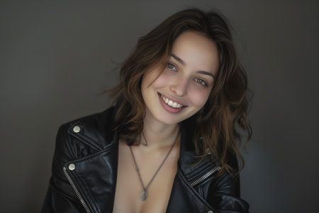 A woman with a necklace and a black leather jacket is smiling. Scene is happy and confidentの素材