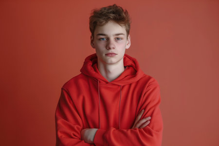 A young man in a red hoodie is standing with his arms crossed. He has blue eyes and a red backgroundの素材
