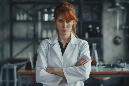 A woman in a white lab coat stands in front of a counter with her arms crossed. She is focused and seriousの素材