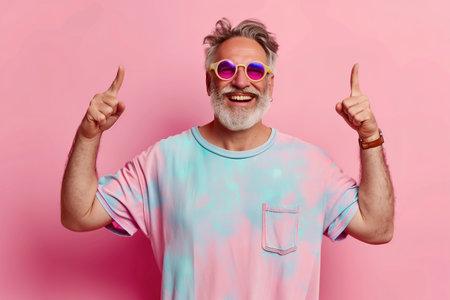 A man with a pink and blue shirt and sunglasses is pointing up. He is smiling and he is happyの素材