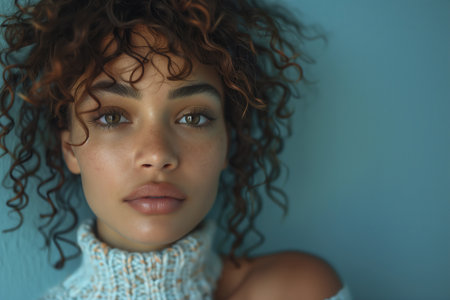 A woman with curly hair and a white sweater is standing in front of a blue wall. She has a serious expression on her faceの素材