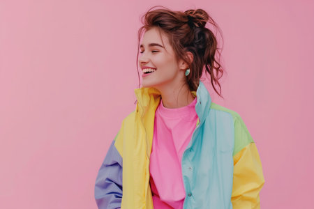 A woman is wearing a colorful jacket and smiling. She looks happy and content. The bright colors of her jacket and the pink shirt she is wearing add to the cheerful atmosphere of the imageの素材