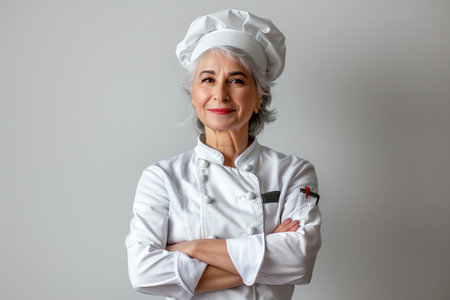 A woman chef is wearing a white hat and a white chef's coat. She is smiling and looking at the cameraの素材