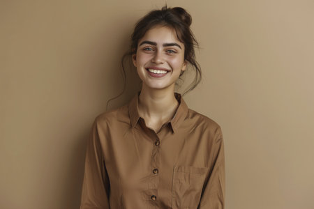 A woman is smiling and wearing a brown shirt. She is standing in front of a wall. Scene is happy and positiveの素材