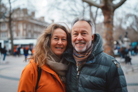 A man and woman are smiling for the camera in a cold city. The man is wearing a black jacket and the woman is wearing an orange coat. They are posing for a photo in front of a buildingの素材