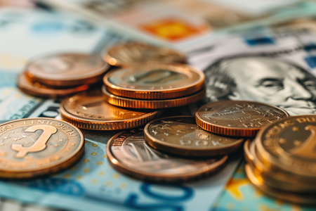 A pile of coins and a $100 bill. The coins are of different denominations and the bill is greenの素材