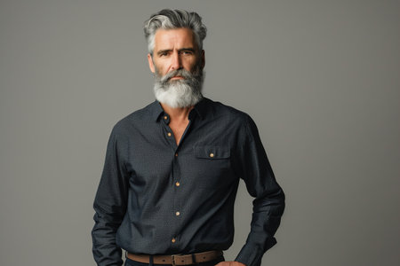 A man with a beard and gray hair is wearing a blue shirt and standing in front of a gray wallの素材