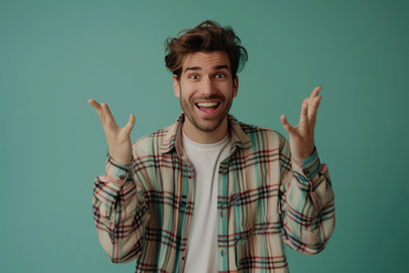 A man with a plaid shirt and a white shirt is smiling and making a faceの素材