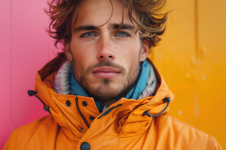 A man in a yellow jacket is standing in front of a pink wall. He has a beard and a mustache and is wearing a blue scarfの素材