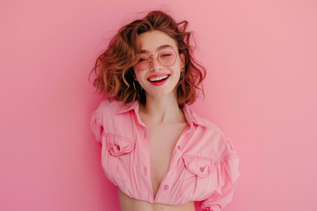 A woman in a pink shirt is smiling and wearing glasses. She has a short haircut and is posing for a pictureの素材