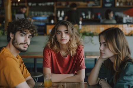 Three people are sitting at a table in a restaurant. One of them is wearing a red shirtの素材