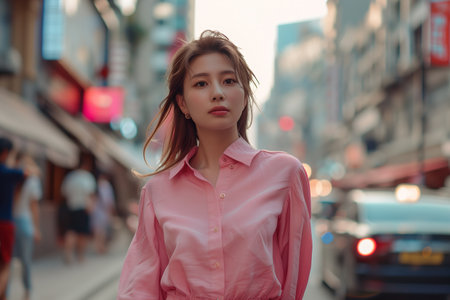 A woman in a pink shirt is walking down a city street. The scene is bustling with activity, with several other people walking around her. The woman is the center of attentionの素材