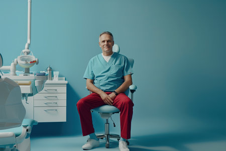A man in a blue scrubs is sitting in a dentist chair. The room is clean and well-lit, with a blue wall and a white counter. The man is relaxed and comfortableの素材