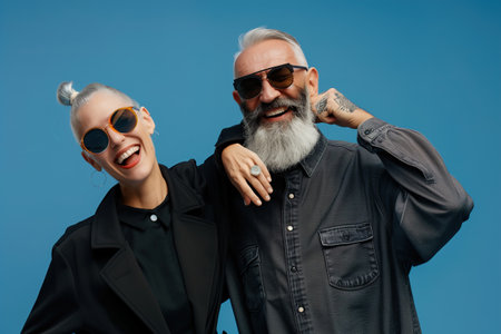 A man and a woman are smiling and posing for a picture. The man is wearing sunglasses and the woman is wearing a black shirtの素材