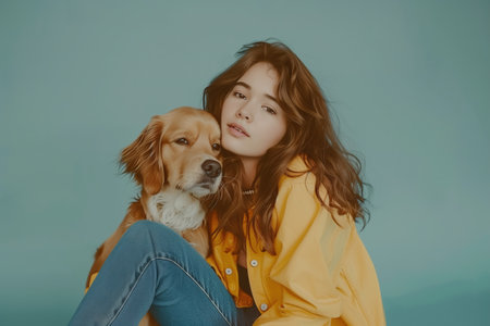 A woman is sitting on the ground with a dog. The woman is wearing a yellow jacket and jeans. The dog is brown and white. Scene is warm and friendlyの素材