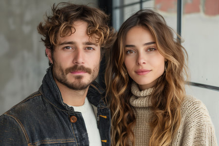 A man and a woman are posing for a picture. The man has a beard and the woman has long hairの素材