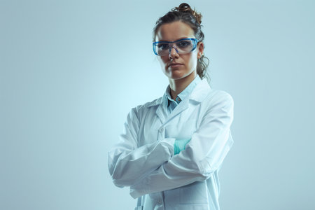 A woman in a white lab coat with blue glasses stands with her arms crossed. She is a scientist or a doctorの素材