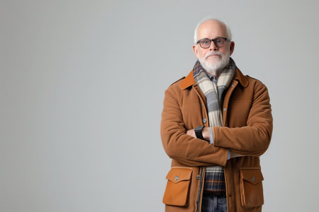 A man with a beard and glasses stands in front of a gray background. He is wearing a brown jacket and a scarfの素材