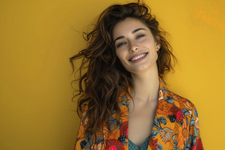 A woman with long brown hair is smiling and wearing a floral print jacket. She is posing for a photo in front of a yellow backgroundの素材
