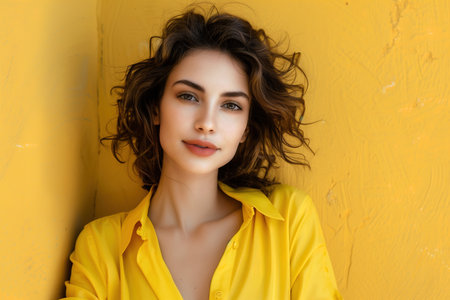 A woman with brown hair and a yellow shirt is smiling at the camera. She has a nice, bright smile and her hair is styled in a way that makes her look confident and happyの素材