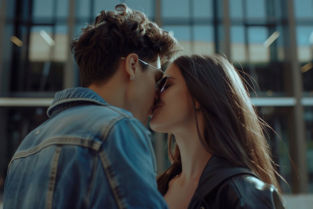 A couple kissing in front of a building. The man is wearing a blue jacket and the woman is wearing sunglassesの素材