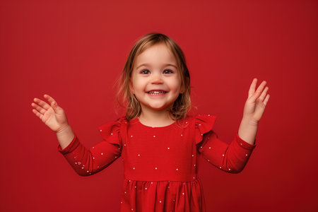 A young girl in a red dress is smiling and waving. The image has a warm and joyful mood, as the girl appears to be happy and excitedの素材
