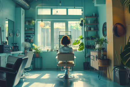 A woman sits in a chair in a salon with a potted plant in front of herの素材