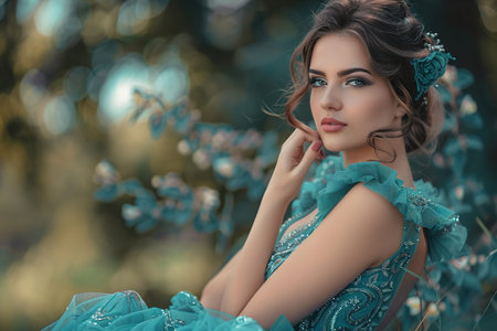 A woman in a blue dress is posing for a photo. She is wearing a flower in her hair and has a smile on her face. The photo has a bright and cheerful mood, and the woman is happy and confidentの素材