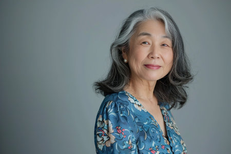 A woman with long gray hair and a blue floral dress is smiling. She is wearing a necklace and earringsの素材