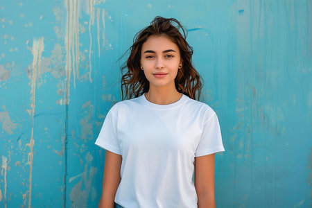 A woman is standing in front of a blue wall wearing a white shirt. She has a smile on her face and she is happyの素材