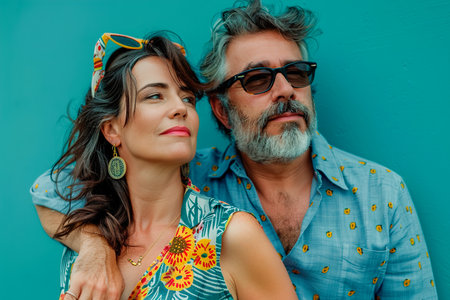 A man and woman are standing next to each other, both wearing sunglasses. The woman is wearing a floral dress and the man is wearing a blue shirt with a pattern. They are both smilingの素材