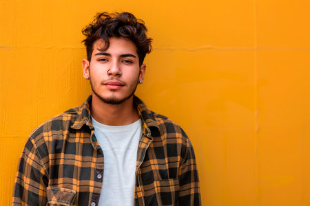 A man with a nose piercing stands in front of a yellow wall. He is wearing a plaid shirt and a white shirt underneathの素材