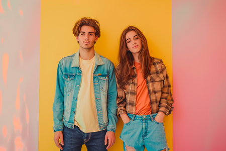 A man and a woman are standing in front of a yellow wall. The man is wearing a blue jacket and jeans, while the woman is wearing a plaid shirt and blue jeans. They both have their hands on their hipsの素材