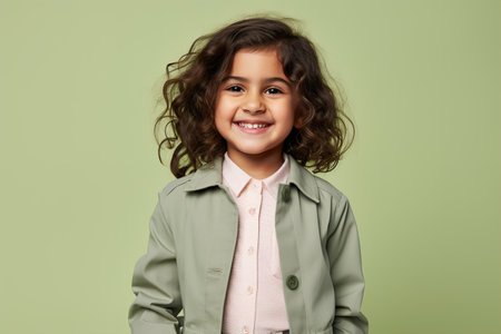 A young girl with curly hair is wearing a green jacket and smiling. Concept of happiness and warmth, as the girl appears to be enjoying herself. The green jacket adds a touch of colorの素材